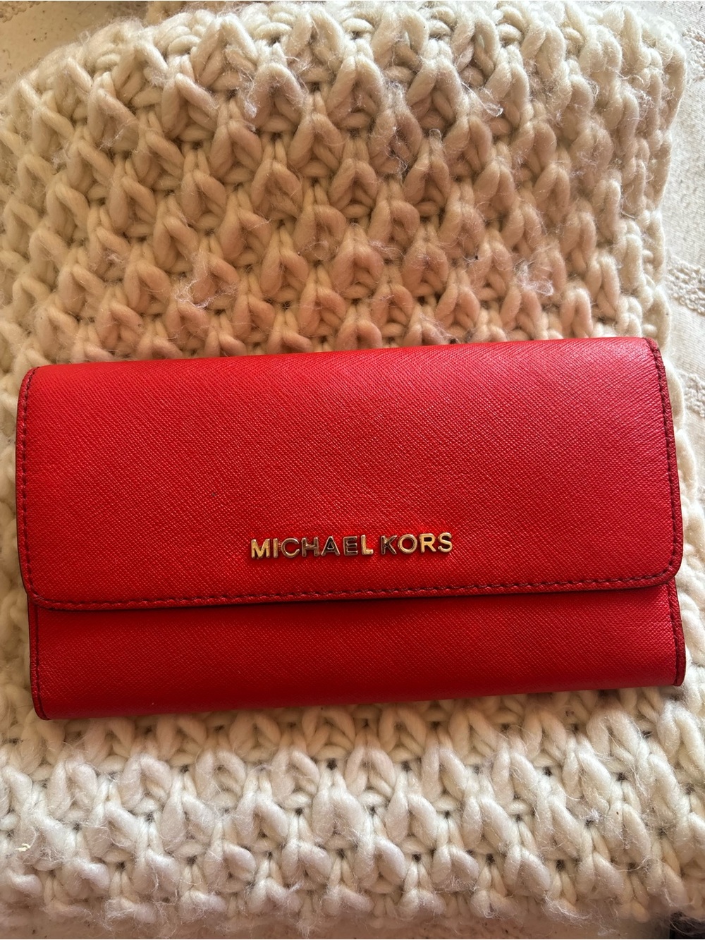 Michael Kors Red Saffiano Continental Wallet with Gold Logo